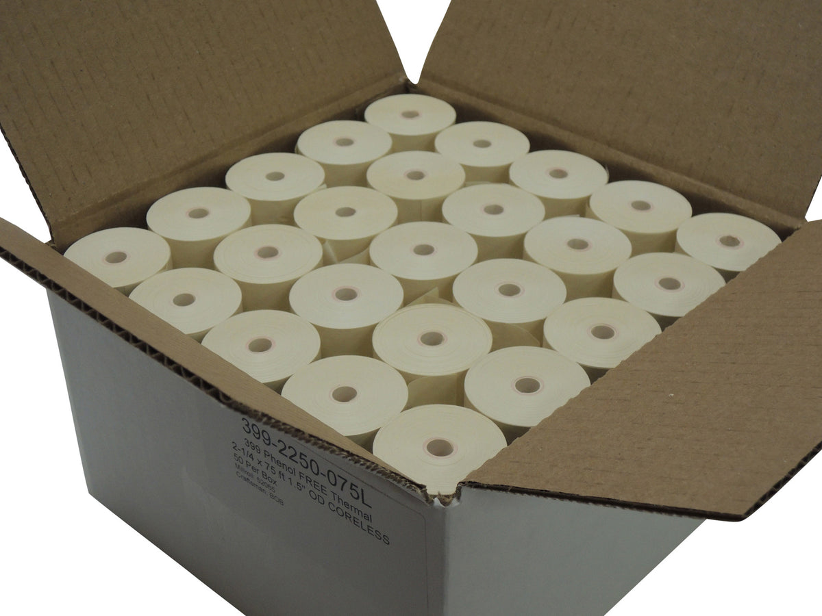 Phenol Free Thermal Paper 2 1/4&quot; x 75 feet, 1.5&quot; / 38mm diameter, CORELESS, 50 rolls