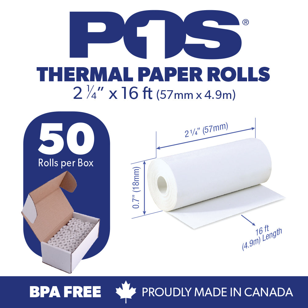 POS1 Thermal Paper 2 1/4 x 16 ft for Poynt Smart Terminal Receipt Printer 18mm diameter CORELESS BPA Free 50 rolls