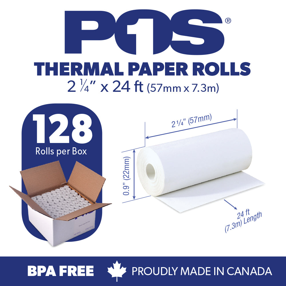 POS1 Thermal Paper 2 1/4 x 24 ft x 22mm diameter for Poynt Smart Terminal Receipt Printer CORELESS BPA Free 128 rolls