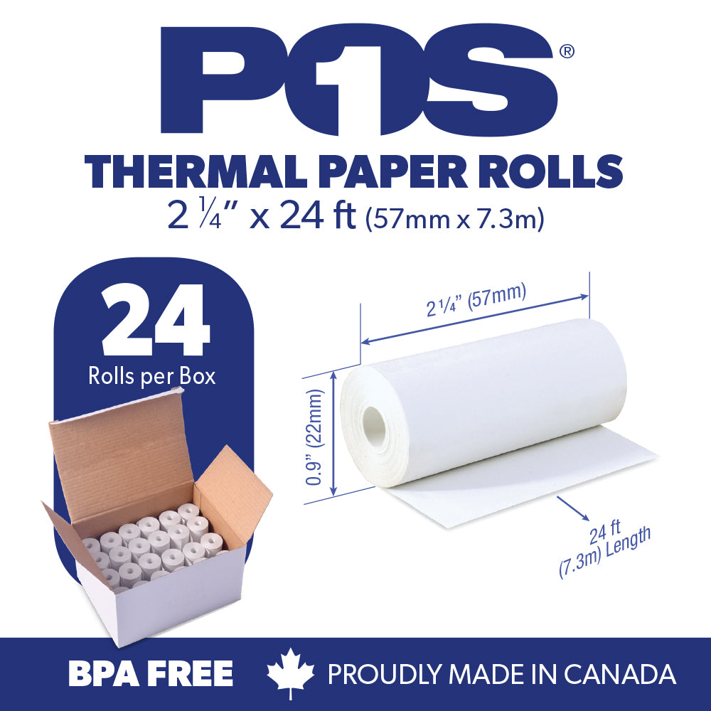 POS1 Thermal Paper 2 1/4 x 24 ft for Poynt Smart Terminal Receipt Printer 22mm diameter CORELESS BPA Free 24 rolls