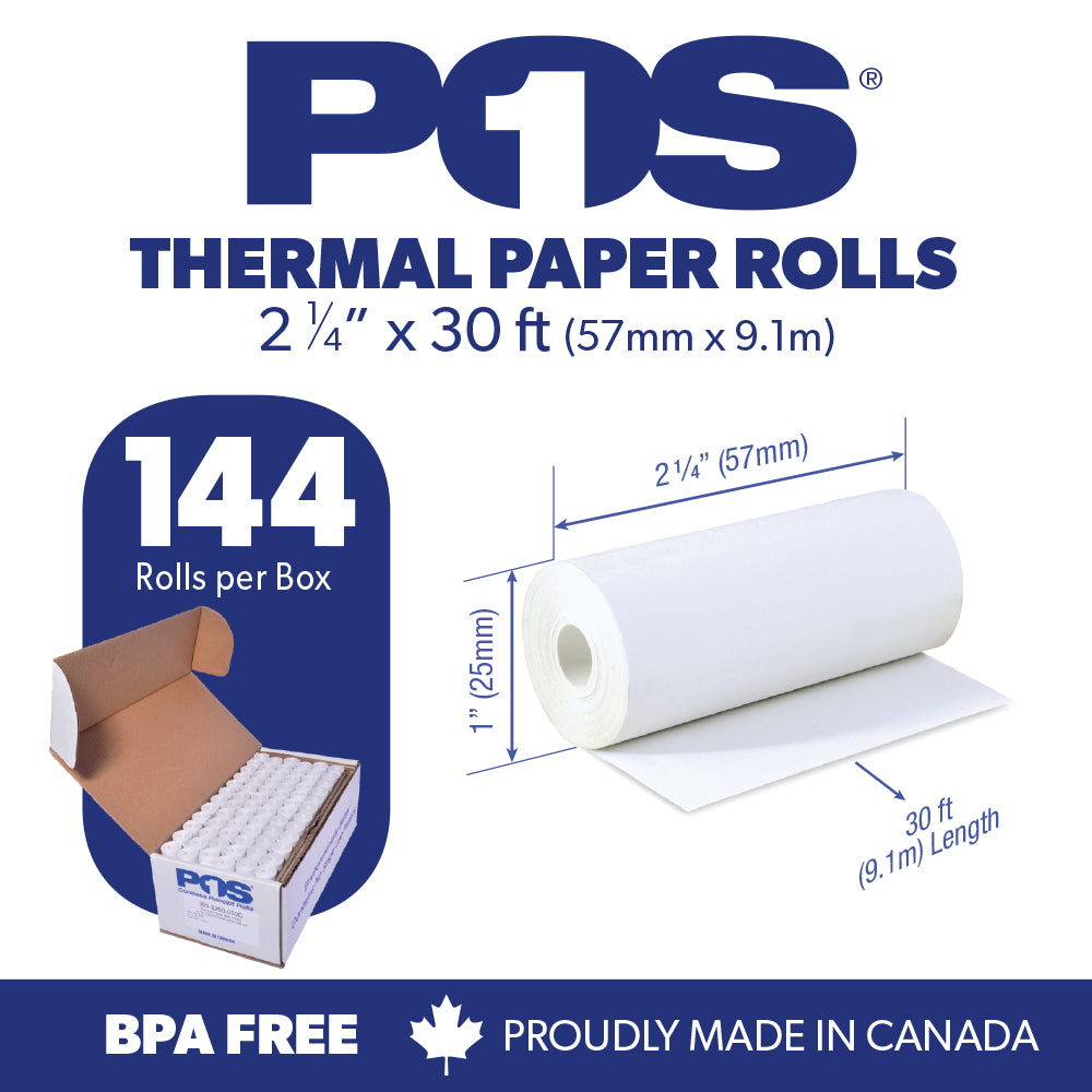POS1 Thermal Paper 2 1/4 x 30 ft x 25mm CORELESS BPA Free fits Pidion BIP-1500 and Poynt 144 rolls