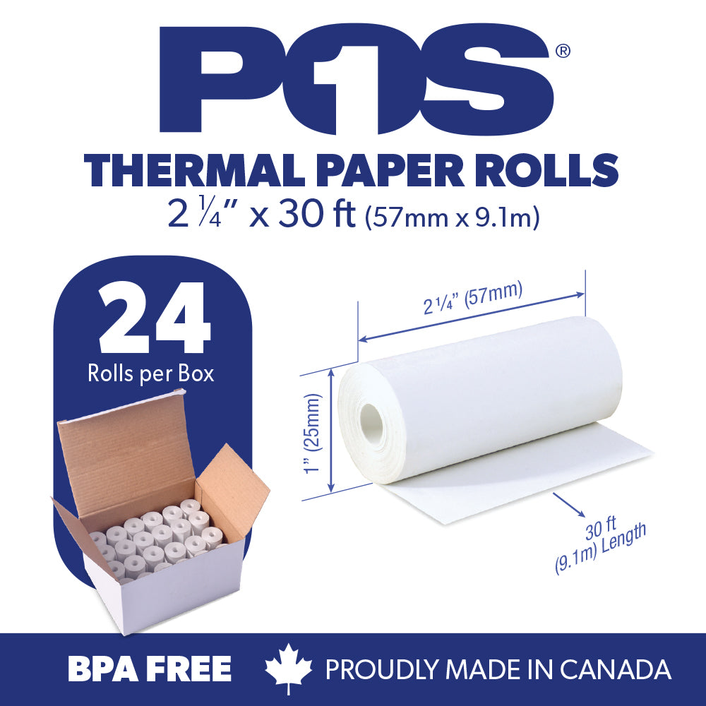 POS1 Thermal Paper 2 1/4 x 30 ft x 25mm CORELESS BPA Free fits Pidion BIP-1500 and Poynt 24 rolls