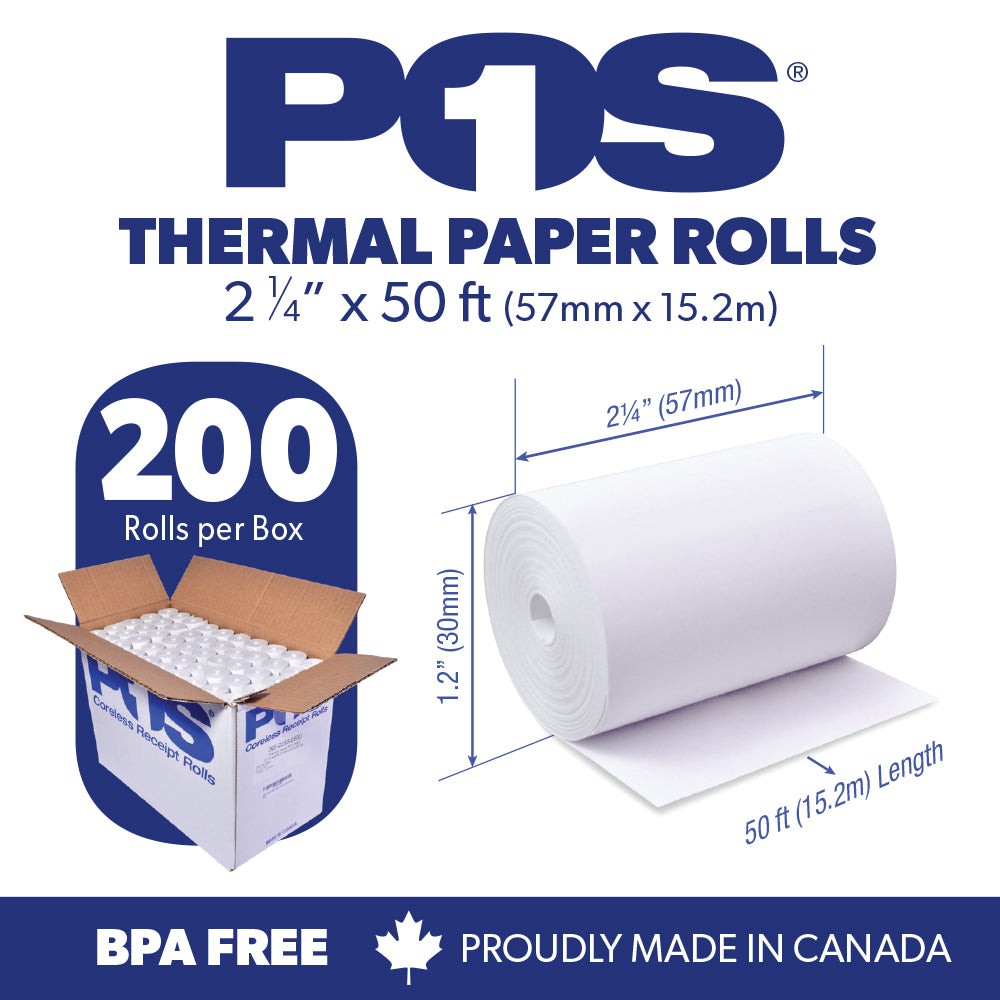 POS1 Thermal Paper 2 1/4 x 50 ft 30mm diameter CORELESS BPA Free 200 rolls