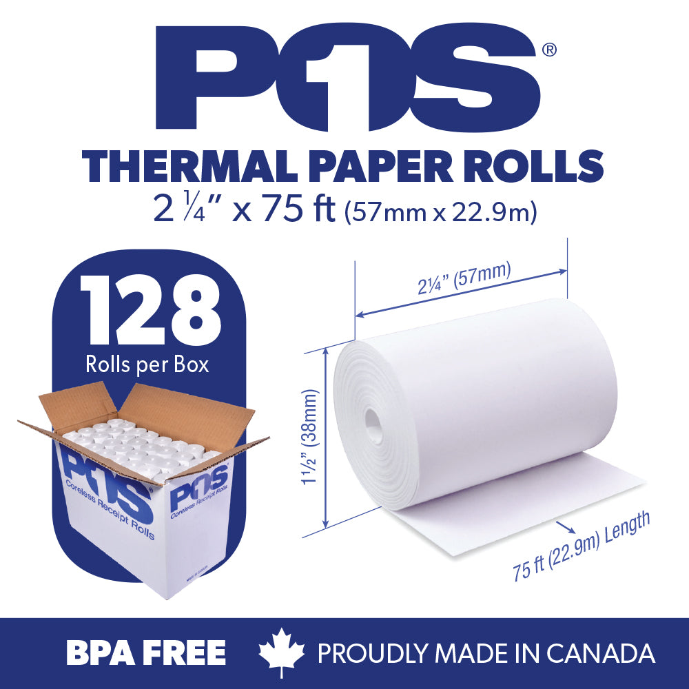 POS1 Thermal Paper 2 1/4 x 75 ft 38mm diameter CORELESS BPA Free 128 rolls