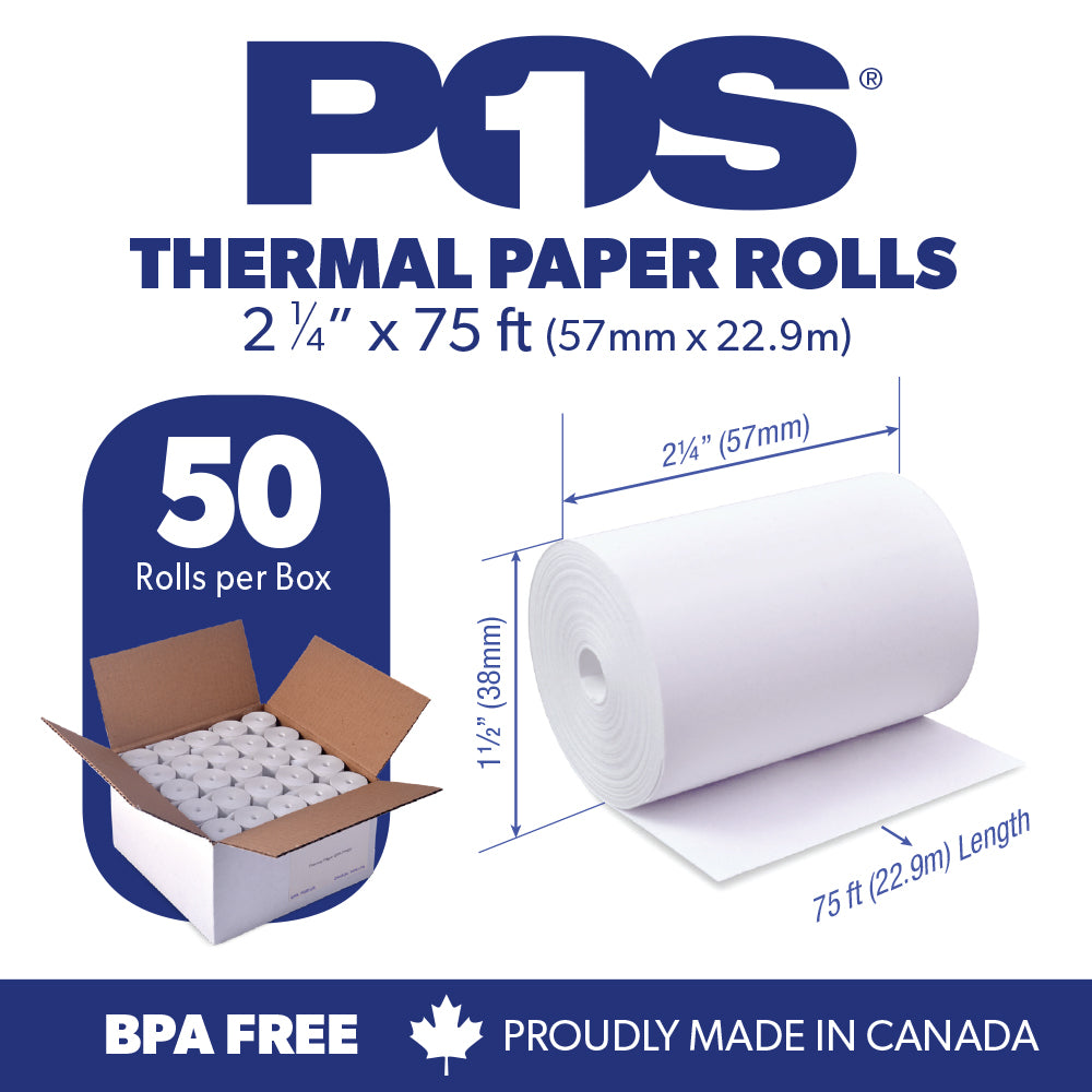 POS1 Thermal Paper 2 1/4 x 75 ft 38mm diameter CORELESS BPA Free 50 rolls