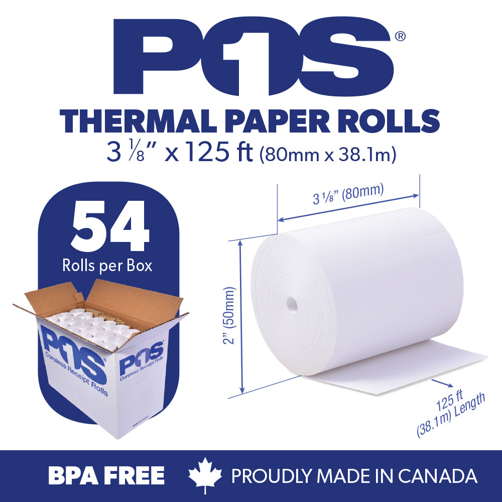 POS1 Thermal Paper 3 1/8 x 125 ft 50mm diameter CORELESS BPA Free 54 rolls