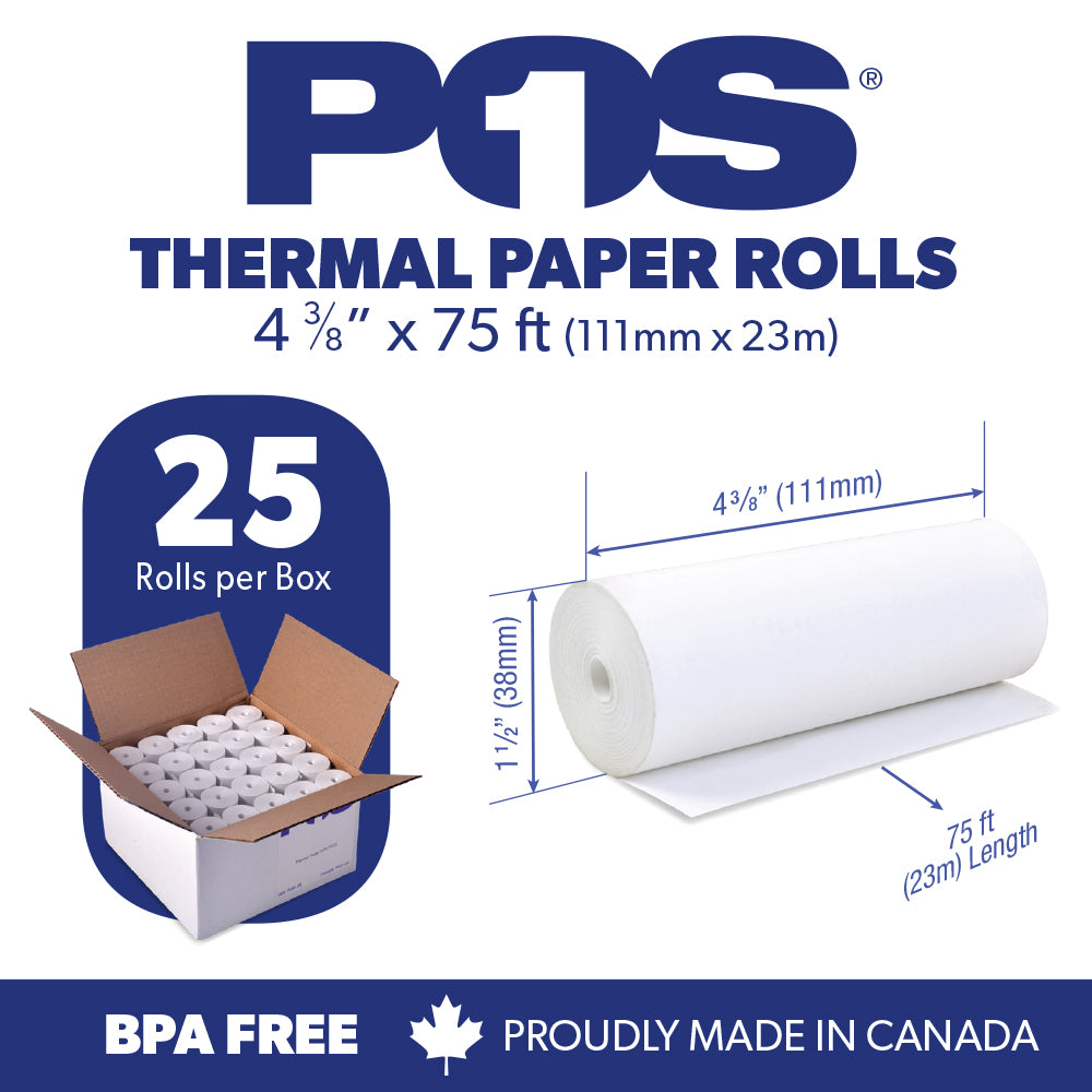 POS1 Thermal Paper 4 3/8 x 75 ft 38mm diameter CORELESS BPA Free 25 rolls