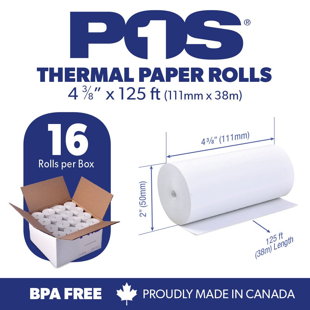 POS1 Thermal Paper 4 3/8 x 125 ft 50mm diameter, CORELESS, BPA Free 16 rolls